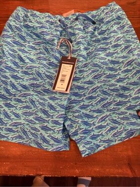 Vineyard Vines Boys Blue & Teal Whale Print Swim Trunks